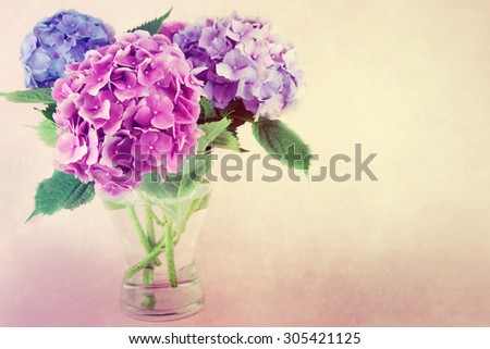 Bouquet of hydrangea flowers in a vase. Still life with hortensia flowers.