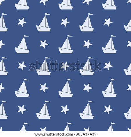 Vector seamless pattern with silhouette boat and starfish on the blue background.