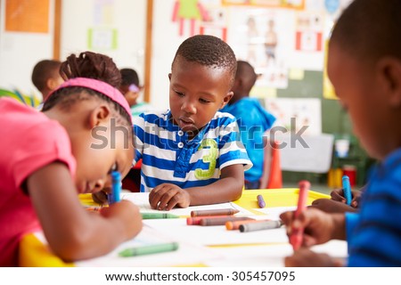 Preschool class in South African township, close-up Royalty-Free Stock Photo #305457095
