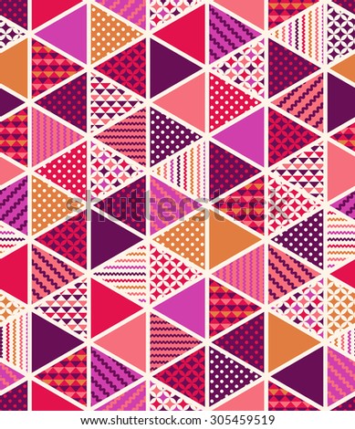 Geometric tiles pattern in triangle shapes. Quilt art. Abstract triangle, pattern commercial use, scrapbook papers. Multicolor in vector format.