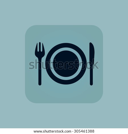 Image of fork, plate and knife in square, on pale blue background