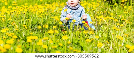 Happy little girl  on the meadow with dandelions