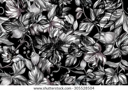 Beautiful floral ornament on a black background. Black and white floral template. monochrome palette. Great idea for an interior design