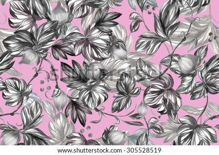Spring floral background. black and white flowers and petals on a pink backdrop. Classic Watercolor illustration markers for fashion and interior design.
