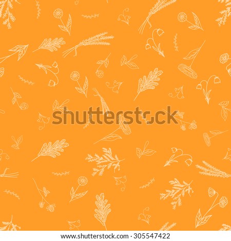 Seamless pattern sketch depicting flowers, herbs, leaves, clover, sunflower, petals, roses orange shades