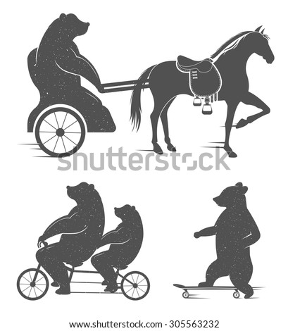 Vector Illustration Bear on a tandem bike, horse, skate on a white background. Bear Symbol for T-shirts print, labels, badges, stickers and logos