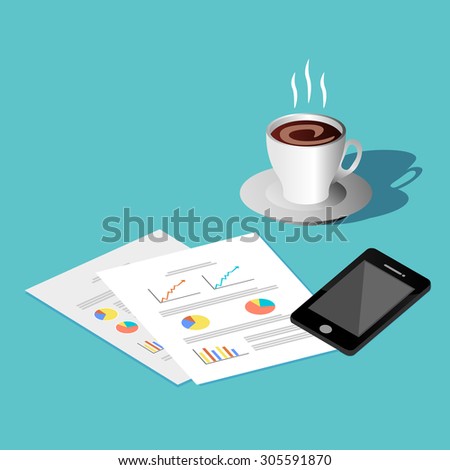 Leisure time concept. Document, phone, and coffee icon.