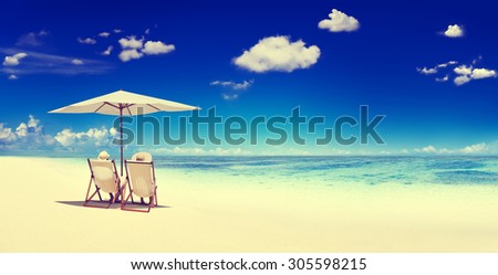 Couple Sitting Beach Summer Getaway Concept Royalty-Free Stock Photo #305598215