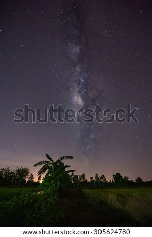 Night star and milky way over paddy rice field in Thailand. Long exposure photo.