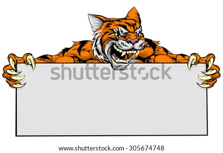 Mean tiger sports mascot character holding a large sign