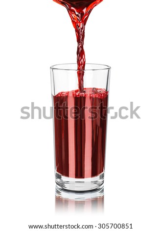 the flow of pomegranate juice being poured into glass isolated on white background