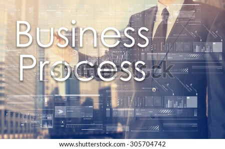 businessman writes on board text: Business Process - with sunset over the city in the background, the visible sun's rays in a picture are symbolizing the positive attitude