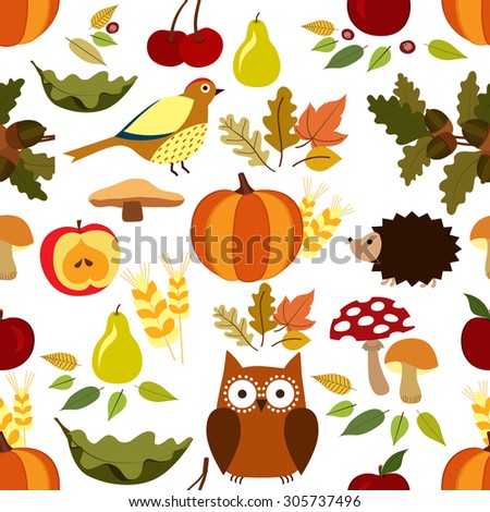 Autumn seamless pattern. Animals, fruits and leaves illustration