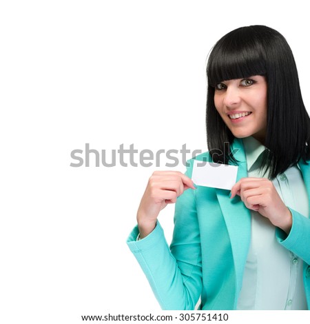 Smiling young business woman showing blank card, over white background isolated
