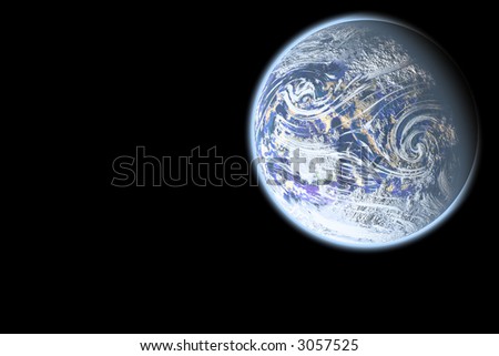 Picture of a planet partially covered in ice and clouds