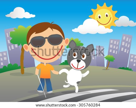 Happy blind child with cane and sunglasses cross the road at a zebra crossing with his guide dog in a sunny day in the city.