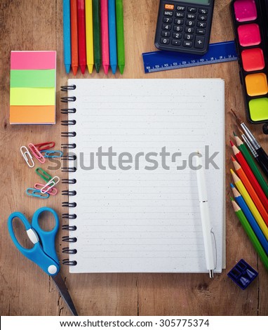 School education background with blank exercise book with copy space. Back to school concept.
