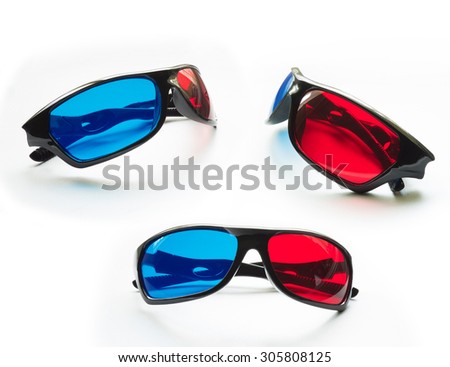 red and blue on stereo glasses for three dimensional movie on white background