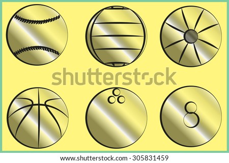 a set of black sports balls on a yellow background