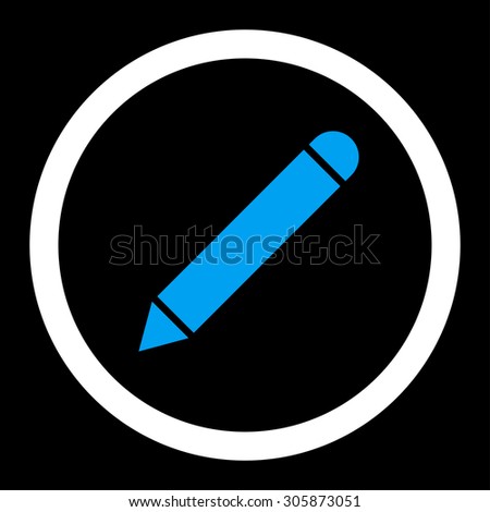 Pencil vector icon. This rounded flat symbol is drawn with blue and white colors on a black background.