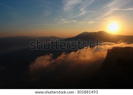 Beautiful sunset in the mountains. Fall landscape, Chatyrdag plateau, Crimea
