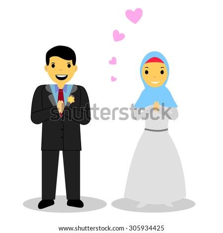 Muslim and Muslimah bride couple, isolated on white

