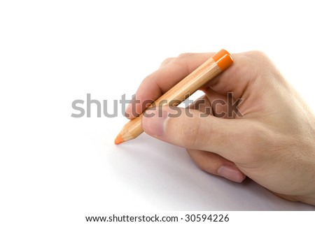 Pencil in man hand isolated on white background