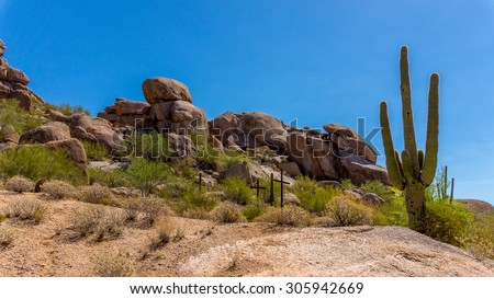 Saguaro cactus near a rock formation in the Arizona desert and some crosses in the back ground