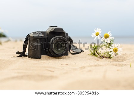 camera lying on the sand on the beach near the waters of the sea, and next growing chamomile flower