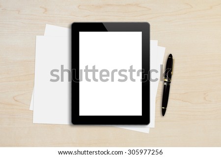 Tablet ,Page,Pen on wood table background texture with copy space and text space