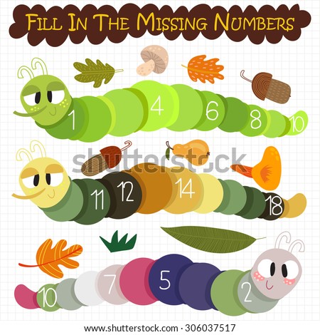 Learn to count number.Fill in the missing numbers- cartoon  caterpillar - stock vector