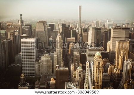 Beautiful aerial view of Manhattan skyline at sunset in summer, New York City, USA