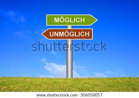Signpost sign with blue sky and green grass showing impossible or possible in german language