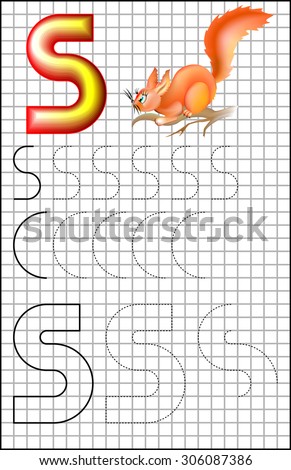 Educational page with alphabet letter S on a square paper. Developing skills for writing and drawing. Vector image.