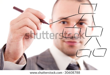 business man designing a database plan on a screen