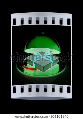 Illustration of a luxury gift on restaurant cloche on a black background. The film strip