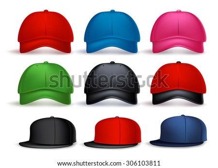 Set of 3D Realistic Baseball Caps for Men and Women with Variety of Colors Isolated in White Background. Vector Illustration