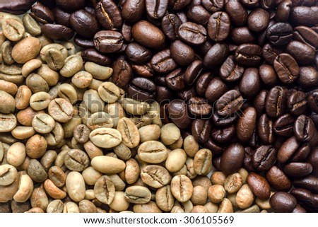 Raw and roasted coffee beans.