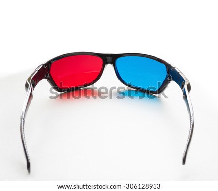 red and blue on stereo glasses for three dimensional movie on white background