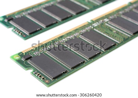 From an oblique angle of close up desktop computer memory on white background
