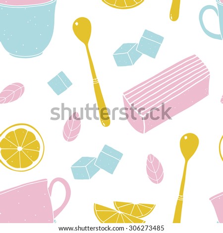 Seamless vector pattern with cups, lemon slices, cakes and spoons.  Colorful doodle illustrated food background for kitchen and cafe stuff. Cropped with clipping mask