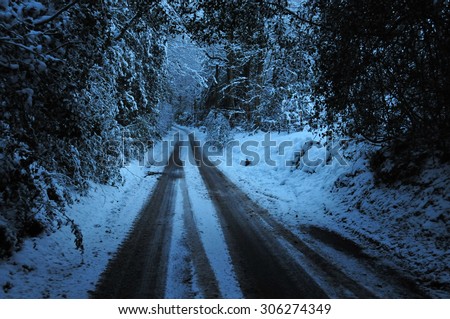 A snowy road in winter in Surrey, England