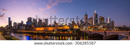 Melbourne cityscape after sunset in Victoria state, Australia. Panorama view. Royalty-Free Stock Photo #306285587