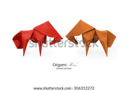 Origami paper art red horse on a white background