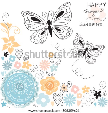 Beautiful Hippie Bohemian Floral Texture Fabric Pattern Butterfly Vector Illustration