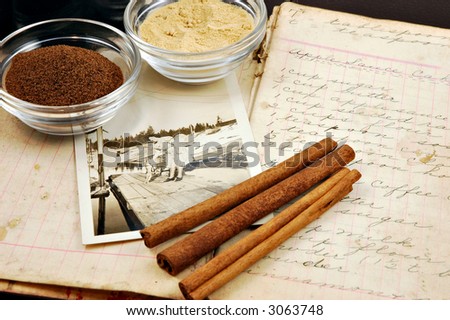 Collage of a vintage handwritten cookbook with cinnamon sticks, ginger, nutmeg, and an old photograph of a woman