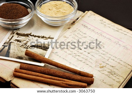 Collage of a vintage handwritten cookbook with cinnamon sticks, ginger, nutmeg, and an old photograph of a woman