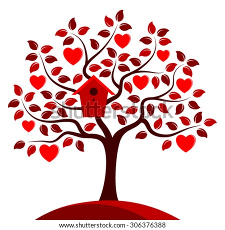 vector heart tree with nesting bird box isolated on white background