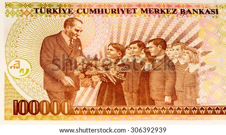 100000 Turkish liras bank note. Turkish lira is the national currency of Turkey