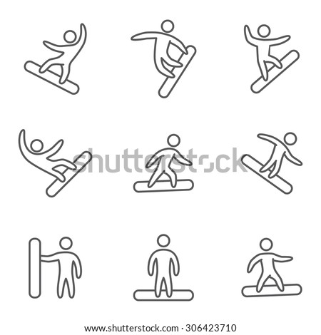 Outline icons snowboard. Linear set of figures snowboarders